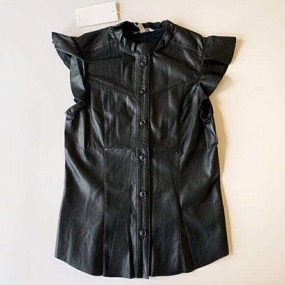 Joie Black Vegan Faux Leather Orien Flutter-Sleeve Top - Women & Juniors XXS - Picture 2 of 12